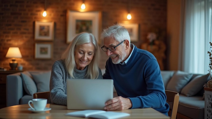 Vector elderly couple collaborating at home