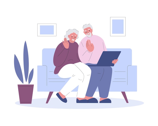 Elderly couple communicates greets with laptop Vector illustration in flat