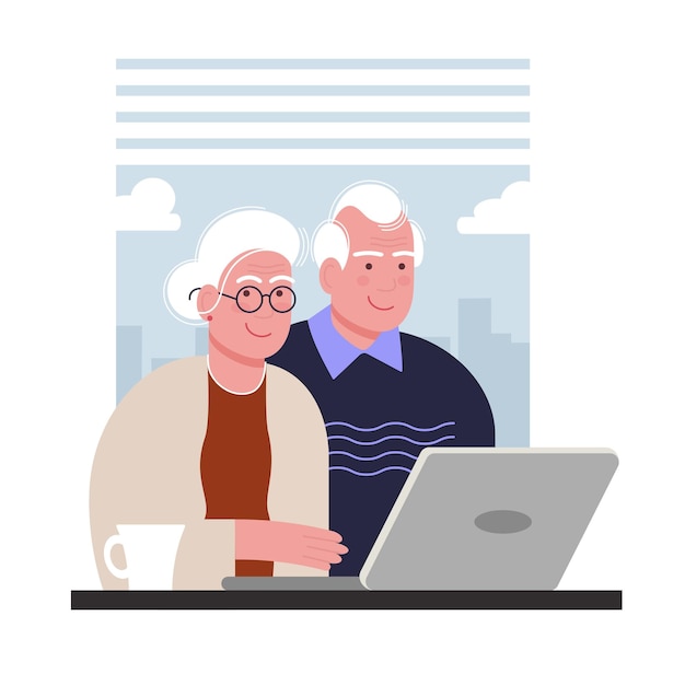 Vector elderly couple at the computer