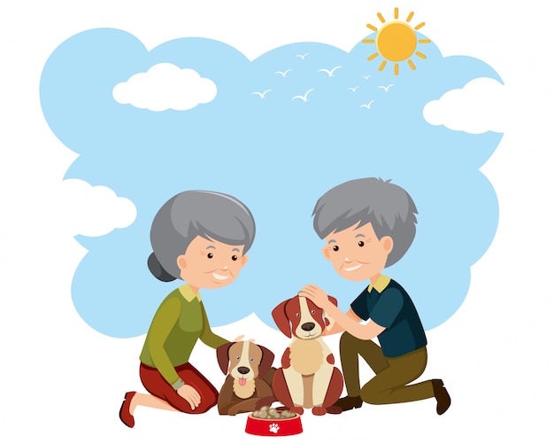 An elderly couple and dogs