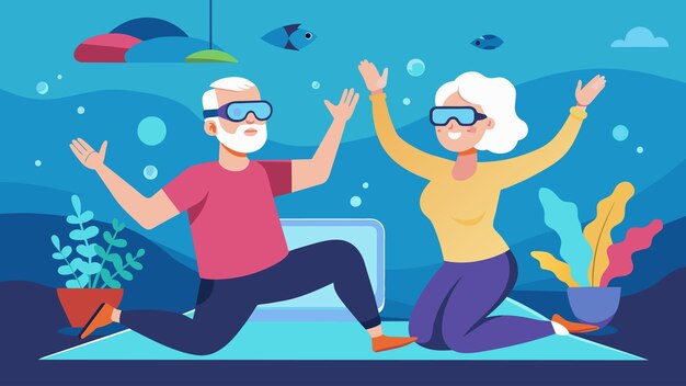 Vector an elderly couple enjoying a virtual underwater aerobics session reminiscing about their past