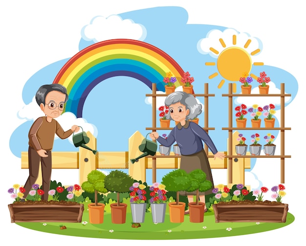 Elderly couple gardening on white background