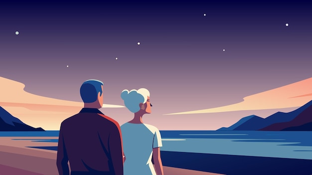 An elderly couple gazing up at a starry sky surrounded by the peaceful serenity of a secluded beach