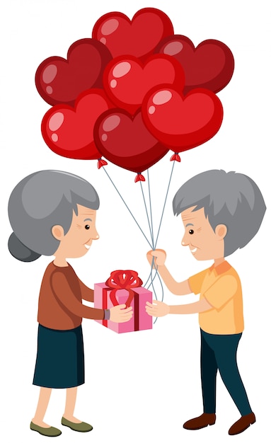 Elderly couple giving gifts 