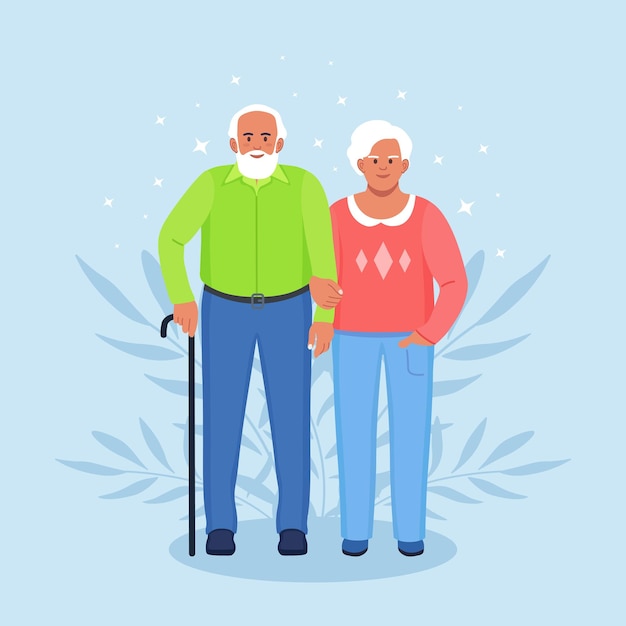Coppia di anziani tenendosi per mano. anziani nonna e nonno insieme. nonni. vecchio barbuto e donna. famiglia felice