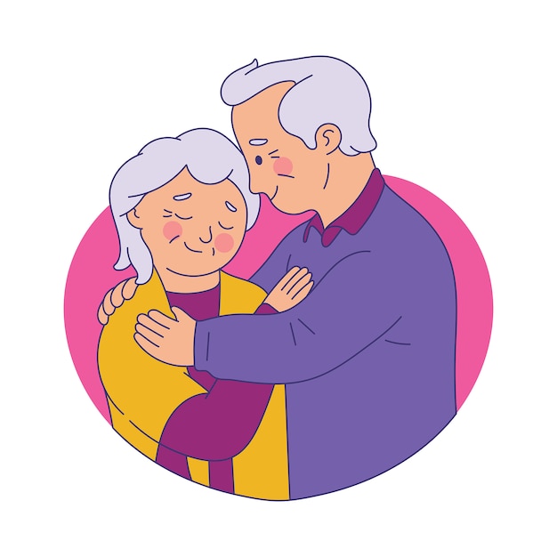 elderly couple hug each other and smile