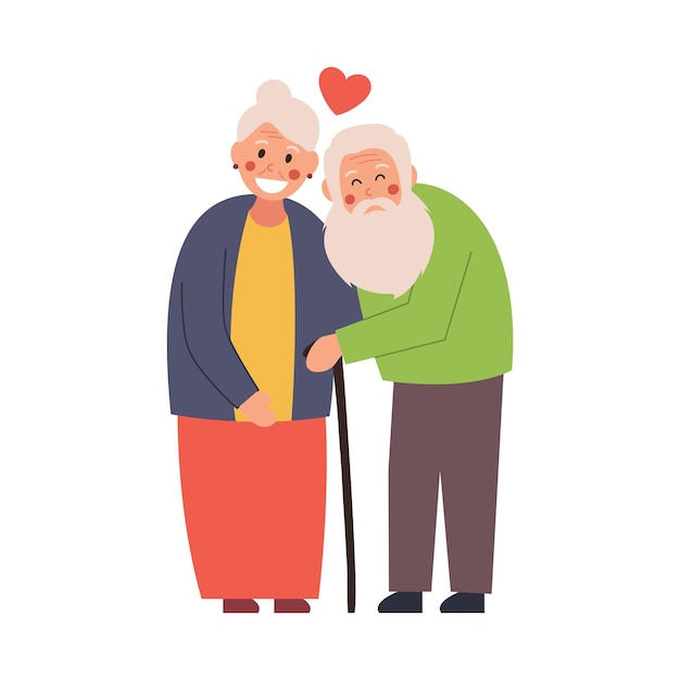 Vector elderly couple hugging tenderly, illustration on white isolated background.