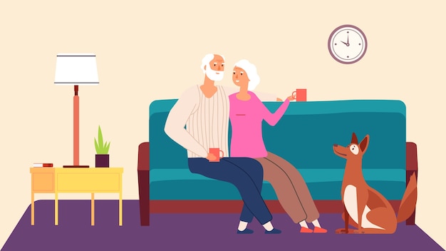 Пожилая пара. векторный концепт семейного вечера hygge. старик женщина собака в гостиной. иллюстрация дедушка и бабушка с домашним животным