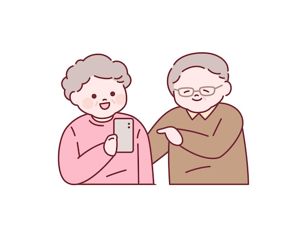 An elderly couple is having a conversation while using a smartphone.