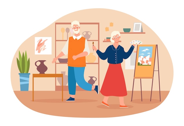 ベクトル 高齢の夫婦が一緒に絵画と陶器の授業に参加しています 高齢者の生活のコンセプト