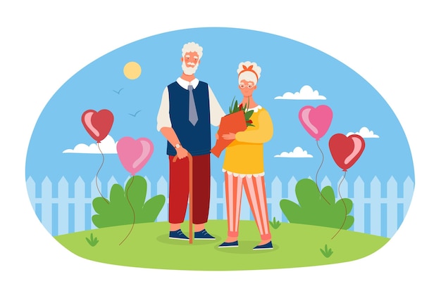 ベクトル 高齢の夫婦は背景に青い空の花と一緒に立っています幸せな家族古い灰色です