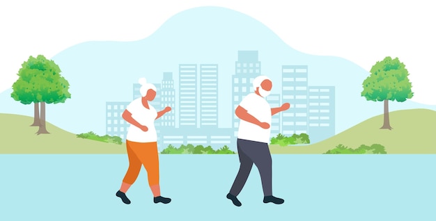 Elderly couple jogging exercise in park vector illustration Elderly people healthy lifestyle healt