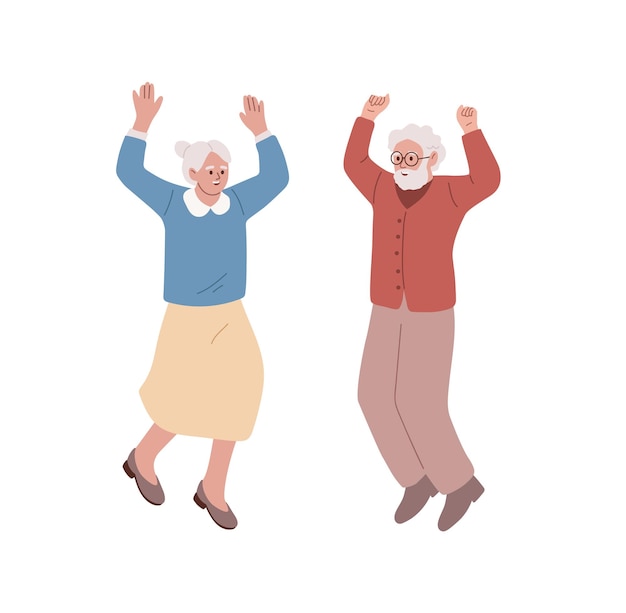 Vector elderly couple jumping up joyful people active lifestyle of senior man and woman sportive old people