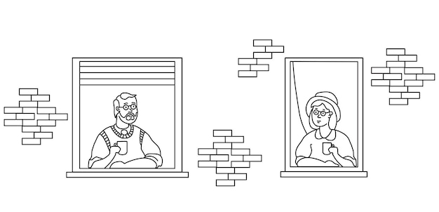 열린 창문으로 집을 찾는 노인 부부 이웃 남녀가 커피를 마신다