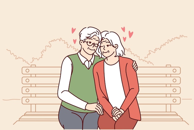 恋に落ちた老夫婦が公園のベンチに座り、抱き合って幸せな家庭生活を楽しんでいる