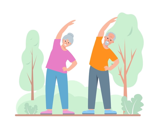 Elderly couple of man and woman doing exercises senior people active healthy lifestyle concept