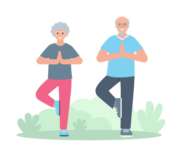 Vector elderly couple of man and woman doing yoga senior people sport active healthy lifestyle concept