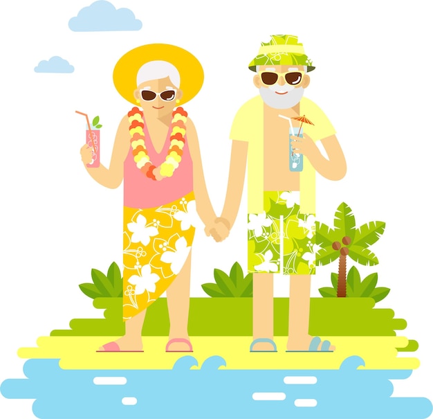 Vector elderly couple man and woman relaxing on beach flat style