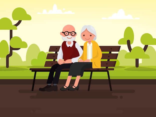 Elderly couple outdoors. grandparents are sitting on a bench in the park.