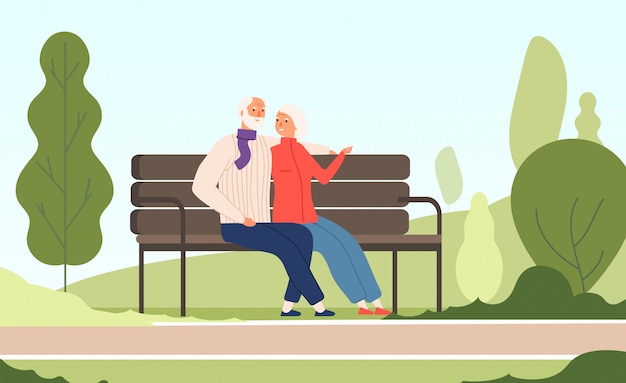 Vector elderly couple park. seniors happy grandfather grandmother sitting on bench old family in summer nature city park  concept