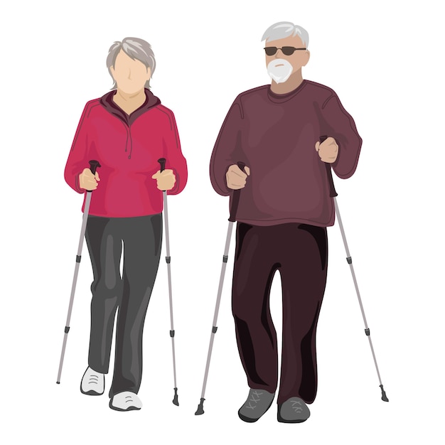 Пожилая пара, выполняющая скандинавскую ходьбу. Векторная иллюстрация. Активность пожилых людей.