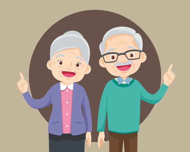 Elderly couple pointing finger up illustration