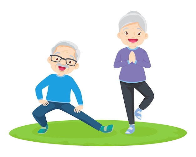 Vector elderly couple practicing yoga active grandparents doing exercises