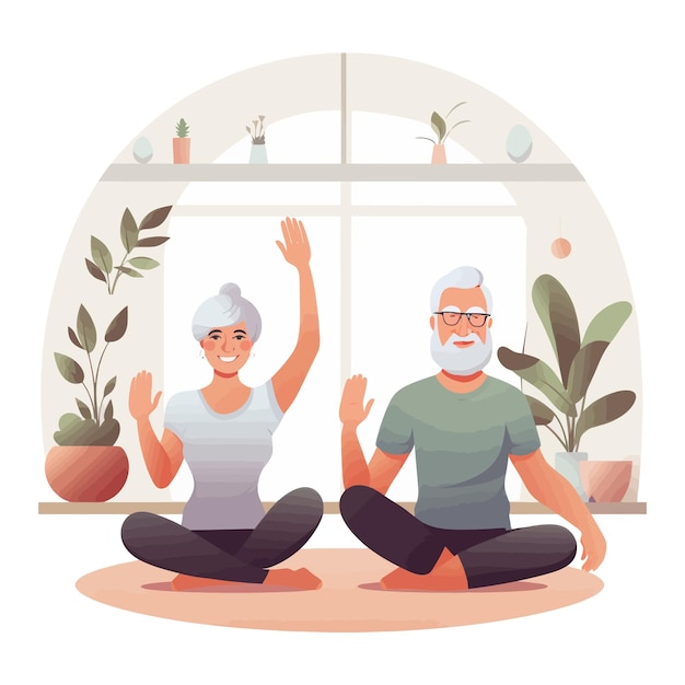 Elderly couple practicing yoga at home Cartoon vector illustration