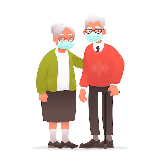 Elderly couple in protective medical masks. grandparents against coronavirus. grandmother and grandfather protected against virus or air pollution.