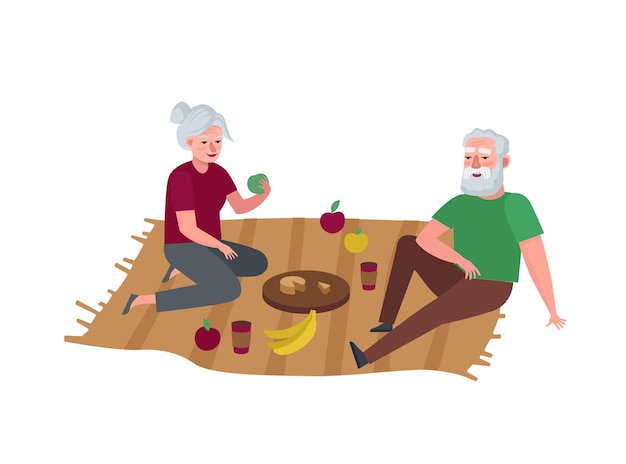 Vector elderly couple relaxing on picnic. grandparents outdoor spending time together. senior persons leisure vacation. grandmother and grandfather in old age relationship. pensioners vector eps illustration