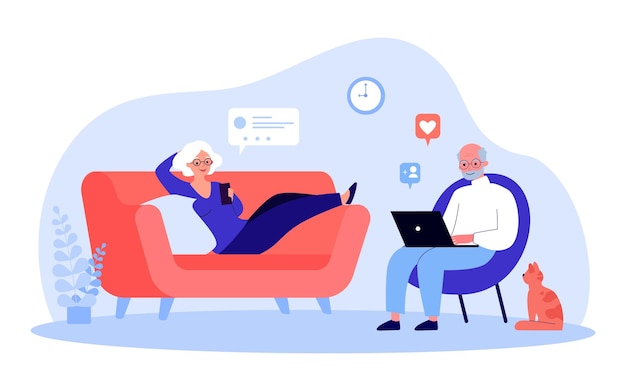 Elderly couple resting in living room using gadgets. Flat vector illustration. Modern retirees using smartphone and laptop, communicating on Internet. Family, technology, social network concept