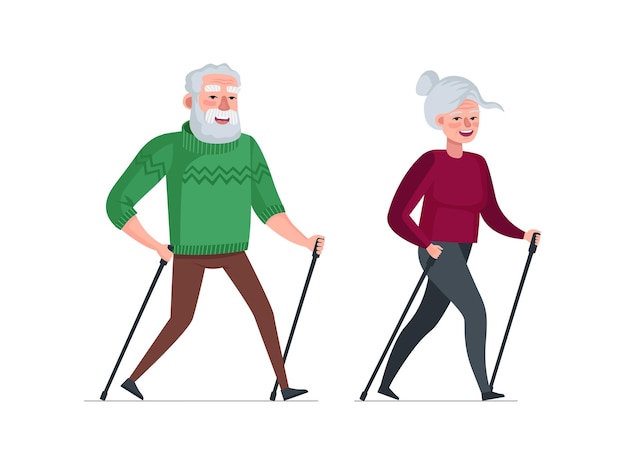 Vector elderly couple retired leisure time together nordic walk active cheerful healthy old people senior