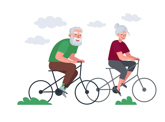 Elderly couple of retirees active healthy lifestyle grandmother and grandfather in old age cycling