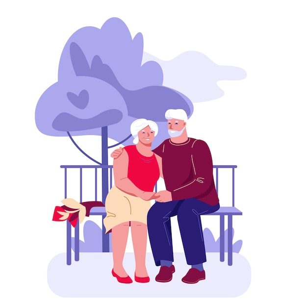 Vector an elderly couple on a romantic date in a summer park on a bench.