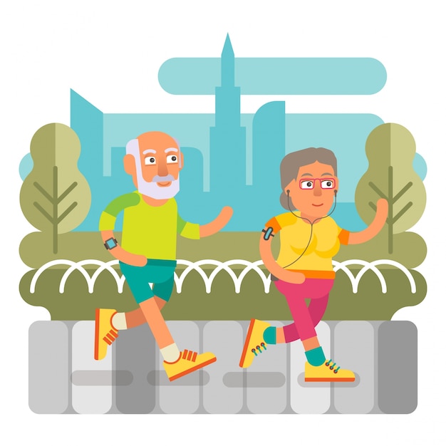 Vector elderly couple running together