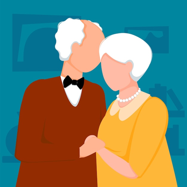 Vector an elderly couple of seniors hugs the old grayhaired husband and wife hug each other