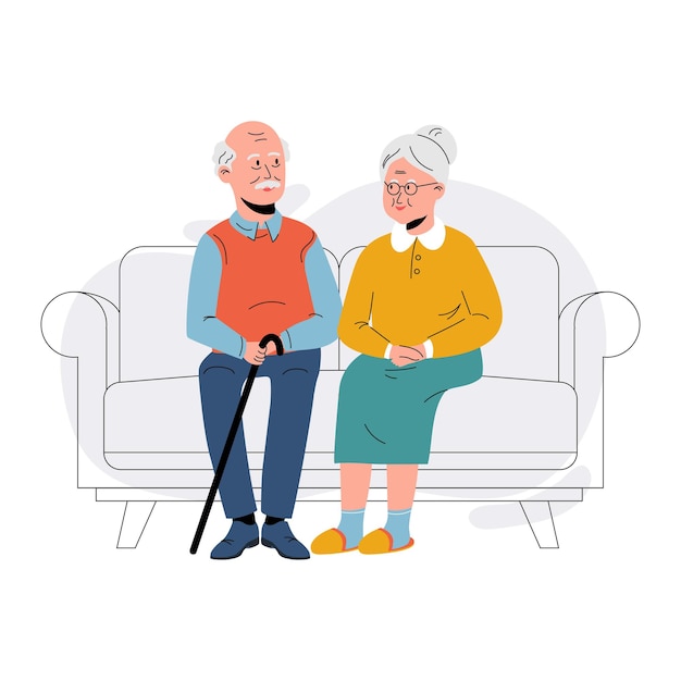 Elderly couple sitting on the sofa at home Retired elderly couple in love Grandparents family