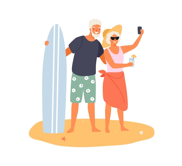 Vector elderly couple taking selfie on summer beach. cheerful grandparents having summer vacation together. husband with surfboard hug wife with cocktail. flat vector cartoon illustration isolated on white.