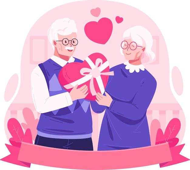 Vector an elderly couple together holding a heartshaped gift box romantic old senior couple in love relationship valentines day birthday surprise or wedding anniversary