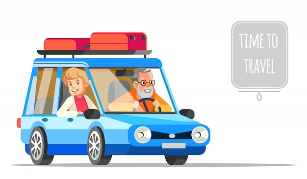 Vector elderly couple traveling together in a car. older people life style flat  illustration and life adventure and pleasure enjoyment. grandpa and granny couple traveling by car.