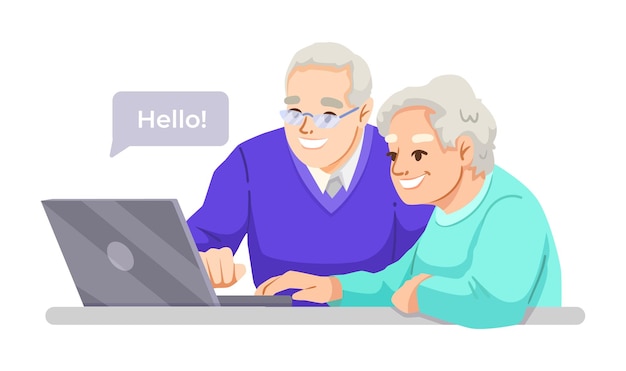 Elderly couple using a laptop together smiling vector illustration