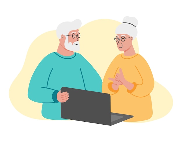 Elderly couple using video call and communicating with sign language
