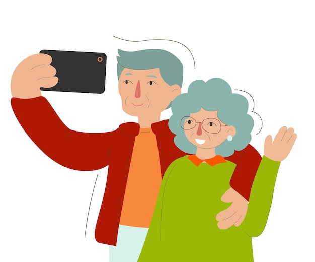 Vector elderly couple vector taking selfie grandfather and grandmother face emotions happy people together isolated flat cartoon illustration