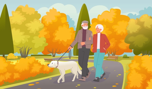 Vettore una coppia di anziani cammina con un cane nel parco in autunno gli anziani camminano _ai_generated