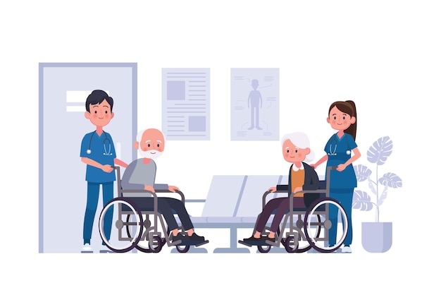 An elderly couple in a wheelchair with a male and female doctor supervising Flat style cartoon character  illustration