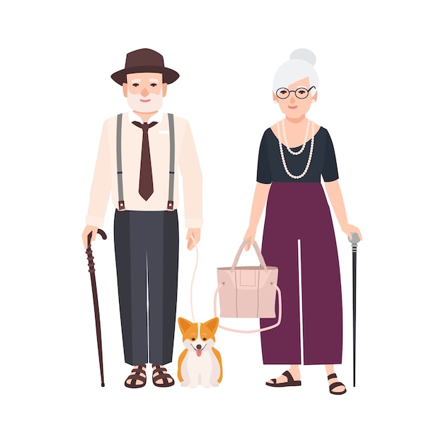 지팡이와 가죽 끈에 애완견과 노인 부부. 늙은 남자와 여자의 쌍은 함께 걷는 우아한 옷을 입고. 할아버지와 할머니. 플랫 만화 캐릭터