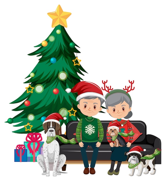 Vector elderly couple with dogs wearing christmas outfits