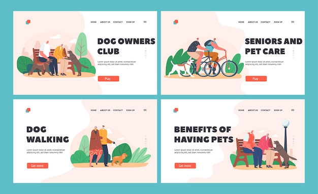 Elderly Couples Walk with Dog in Park Landing Page Template Set Aged Characters Relaxed Promenade Sitting on Bench Riding Bicycle with Pet at Summer City Garden Cartoon People Vector Illustration