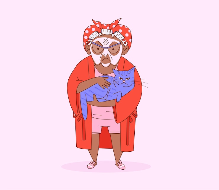 Vector elderly darkskinned woman holding cat in robe and face mask in flat cartoon vector illustration