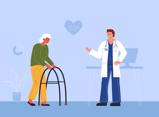 an elderly disabled woman with a walker consults a doctor